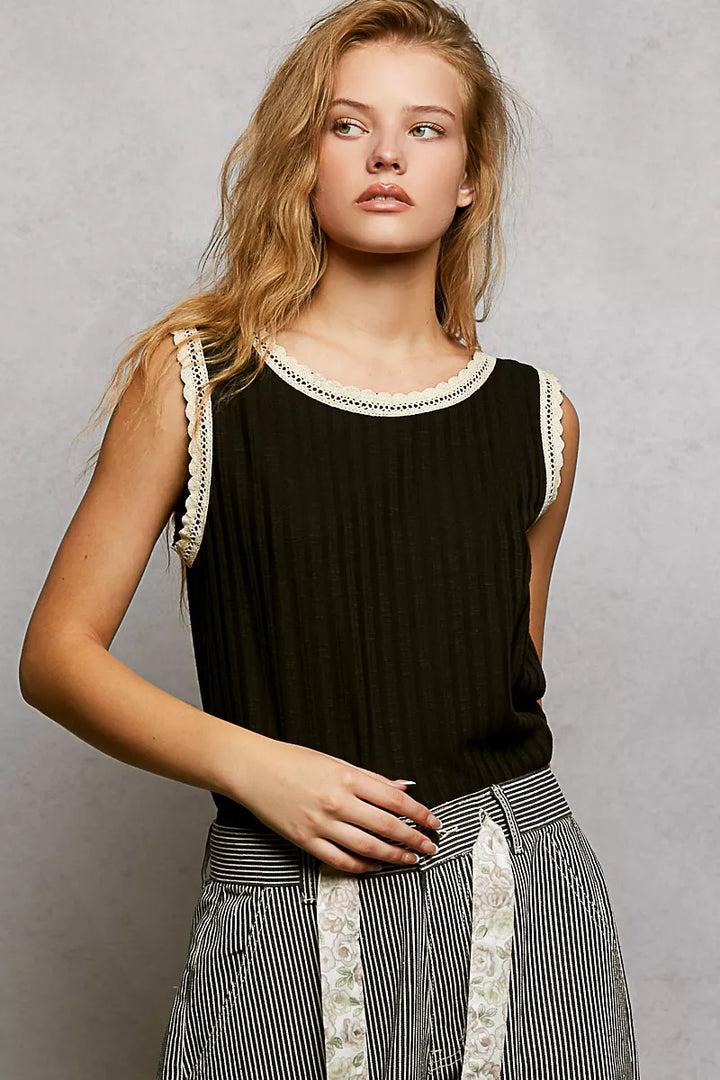 Black Ribbed lace trim tank top with high-low hem