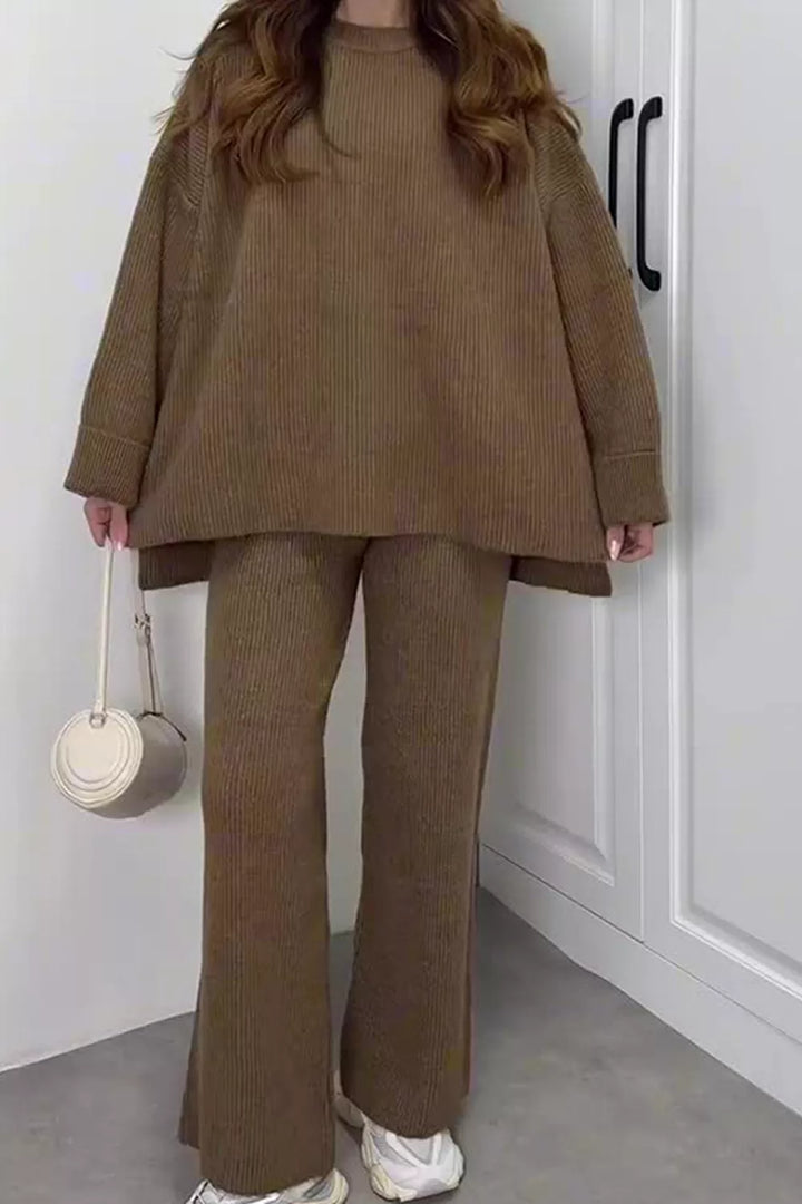 Ribbed knit dropped shoulder sweater and wide leg pants set