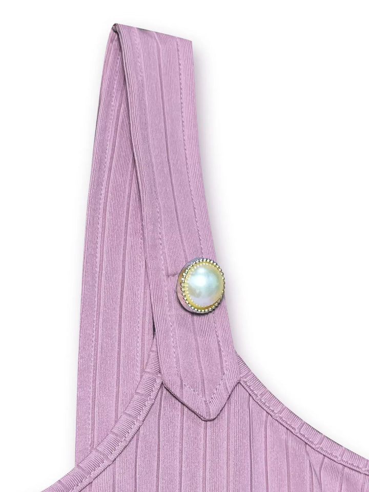 Ribbed scoop neck crop tank with pearl strap buttons