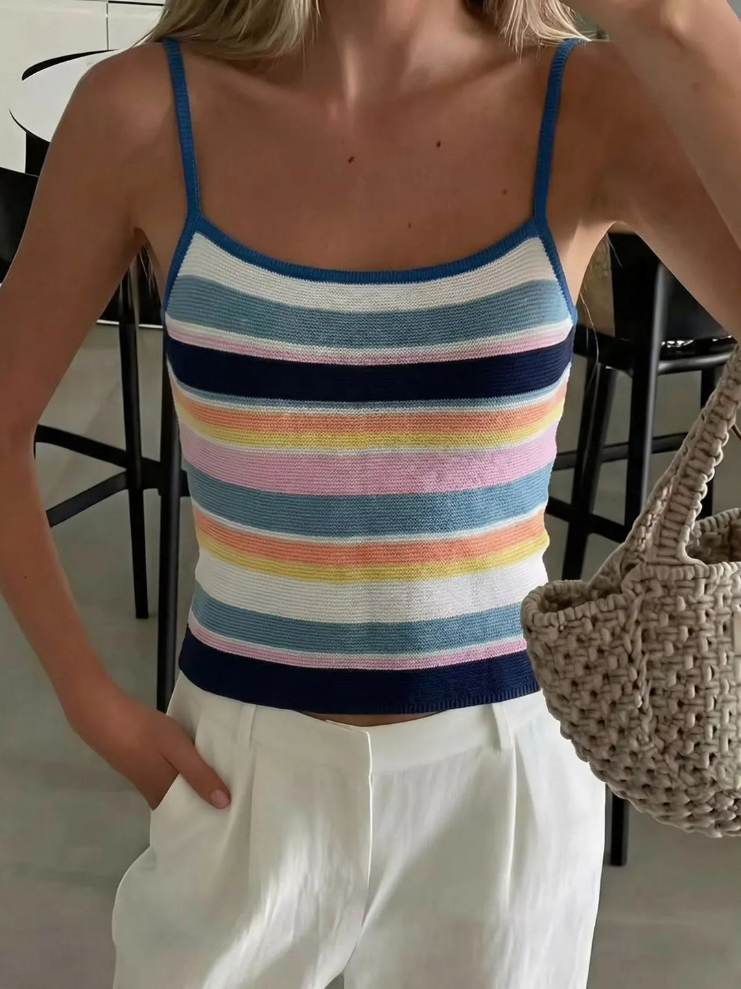 Multi-stripe ribbed knit cami crop top with scoop neck