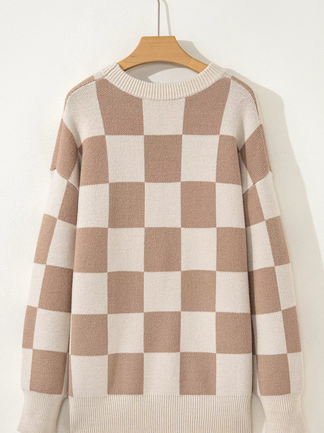 Checkered knit crewneck sweater with ribbed trim