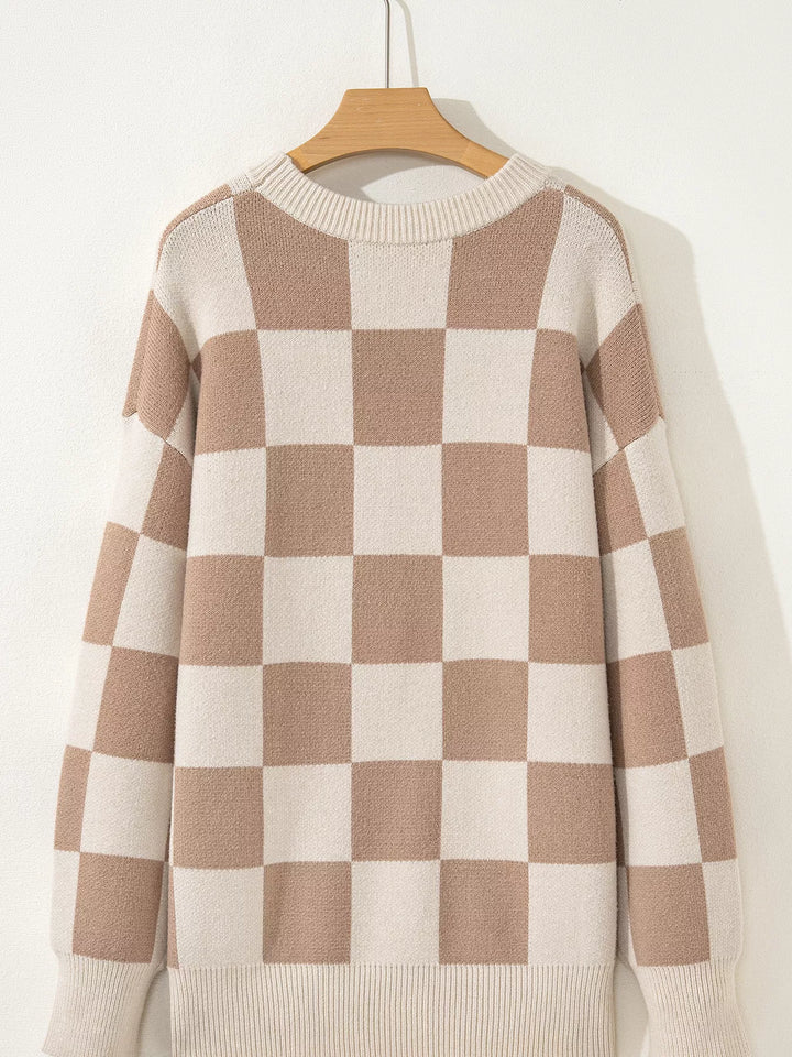 Checkered knit crewneck sweater with ribbed trim