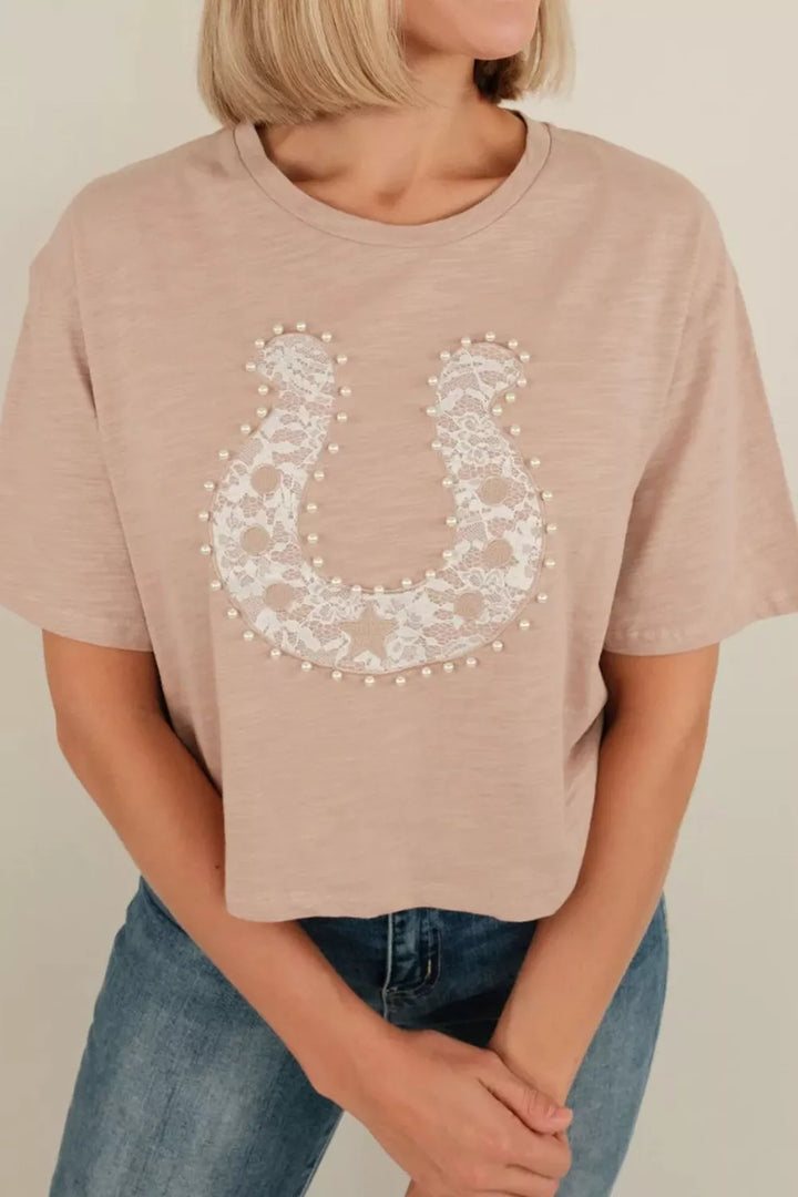 Pale Blush Horseshoe lace appliqué pearl-beaded short-sleeve tee