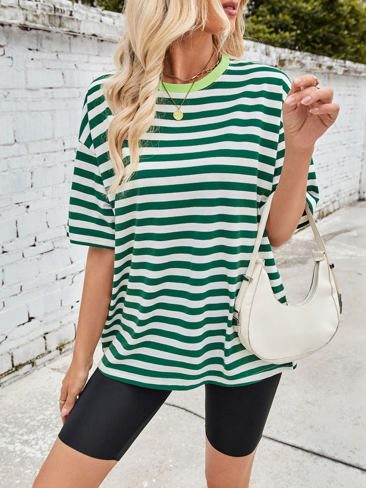 Oversized striped tee with contrast ribbed crew neck