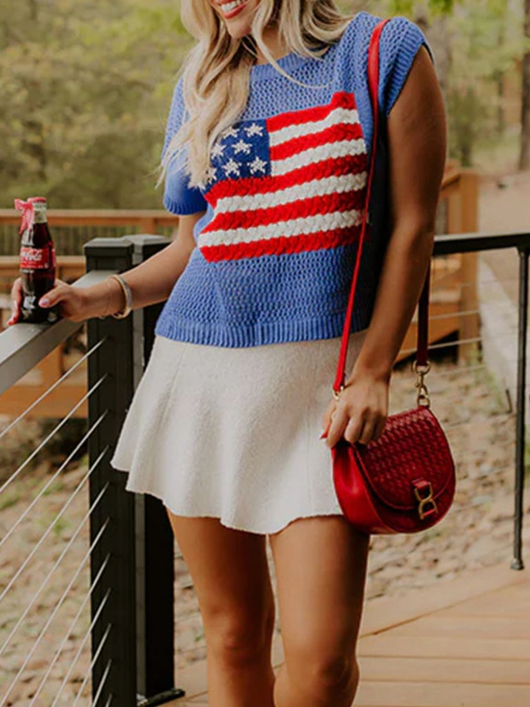 American flag open-knit short sleeve sweater top