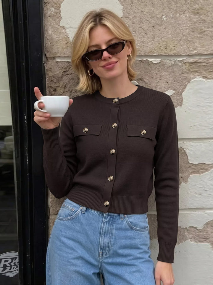 Gold-button knit cardigan with flap chest pockets