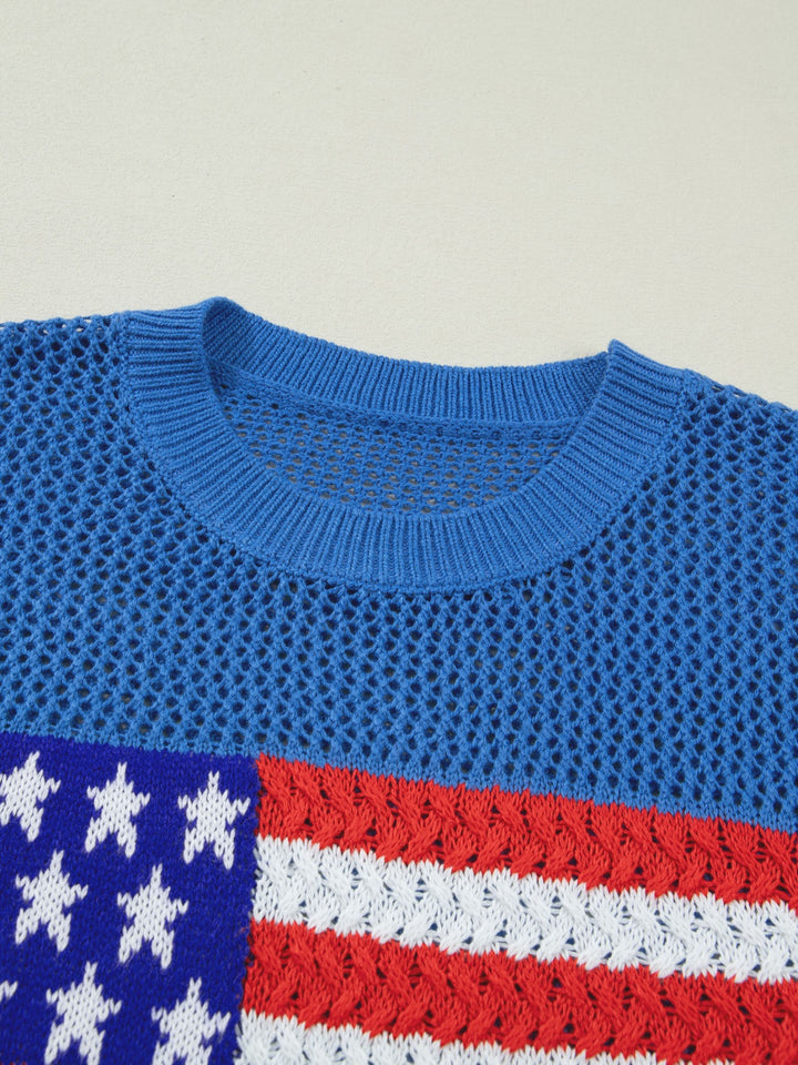 American flag open-knit short sleeve sweater top