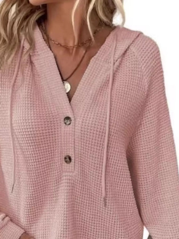 Button-detail waffle knit hoodie with drawstring hood