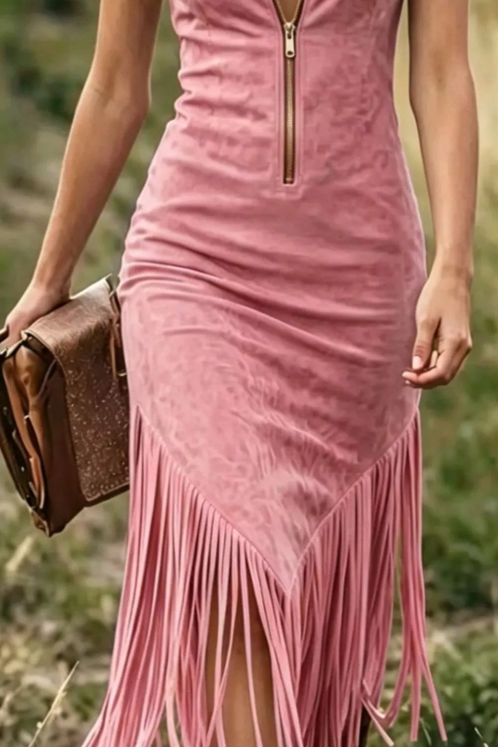 Faux suede fringe hem zip-front sleeveless midi dress