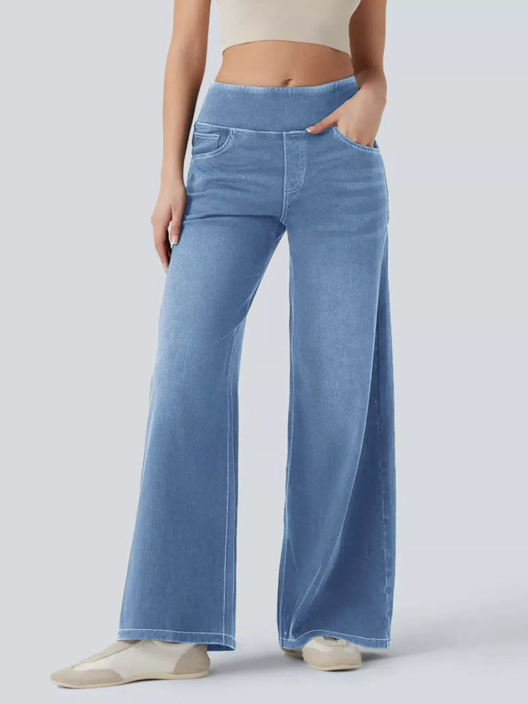 Light Blue High-rise pull-on wide leg jeans with side pockets