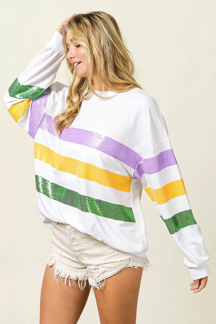 Sequin stripe Mardi Gras crewneck sweatshirt