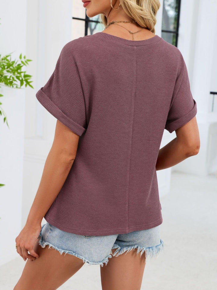 Crochet lace yoke waffle knit short sleeve top