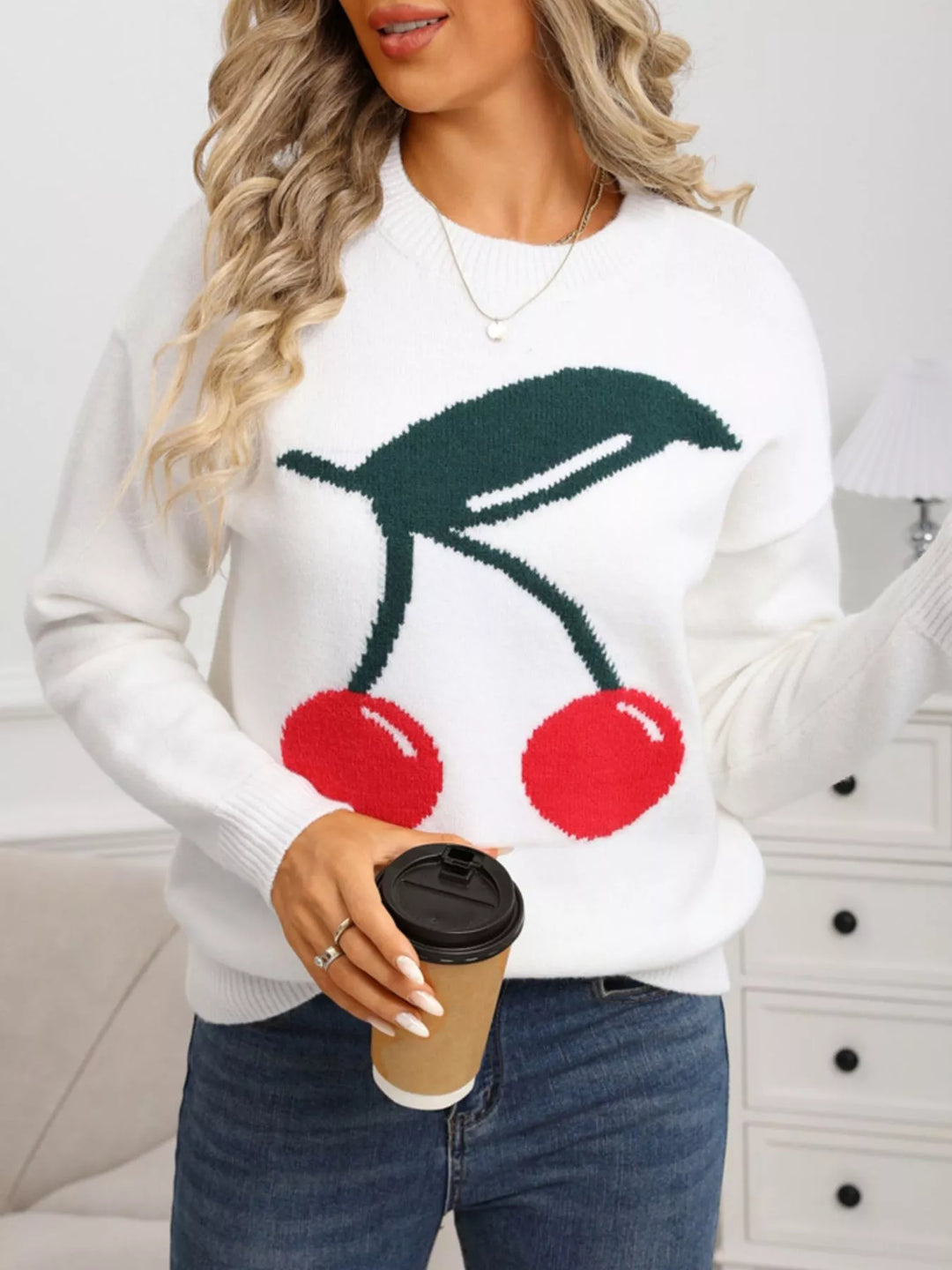 Cherry motif crew neck long sleeve knit sweater