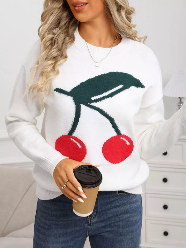 Cherry motif crew neck long sleeve knit sweater