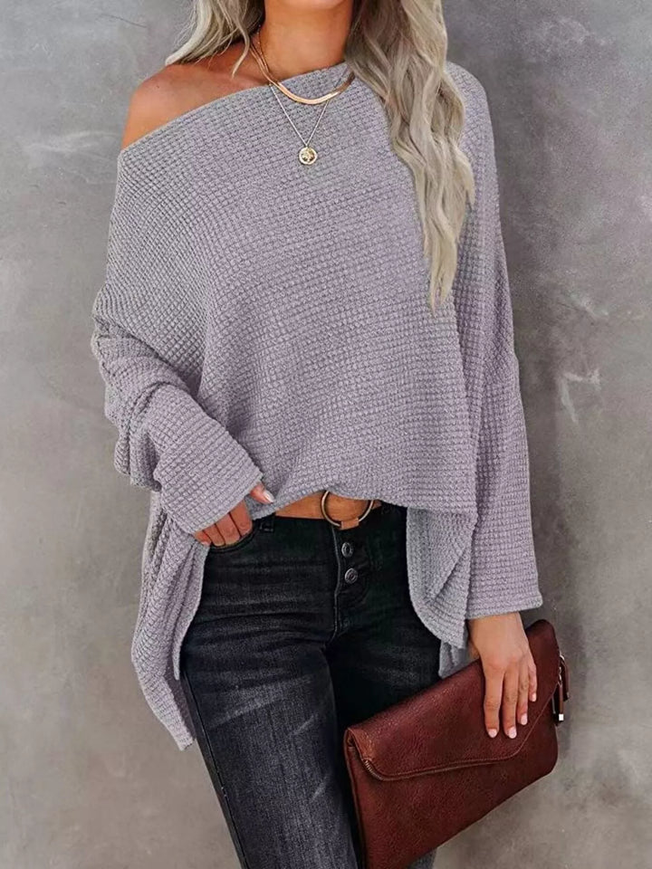 Silver Gray Oversized waffle-knit boat neck long sleeve top