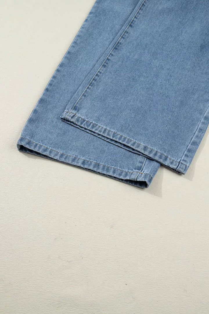 Pleated wide-leg denim overall jumpsuit with bib pocket