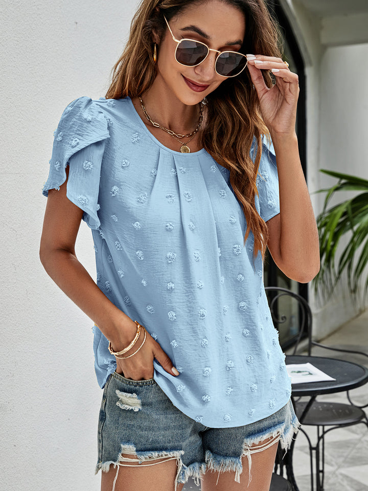 Swiss dot petal sleeve top with pleated round neck