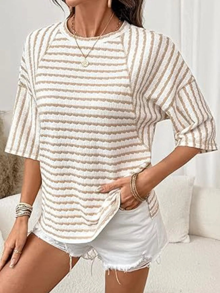 Khaki Striped ribbed knit short sleeve crew neck top