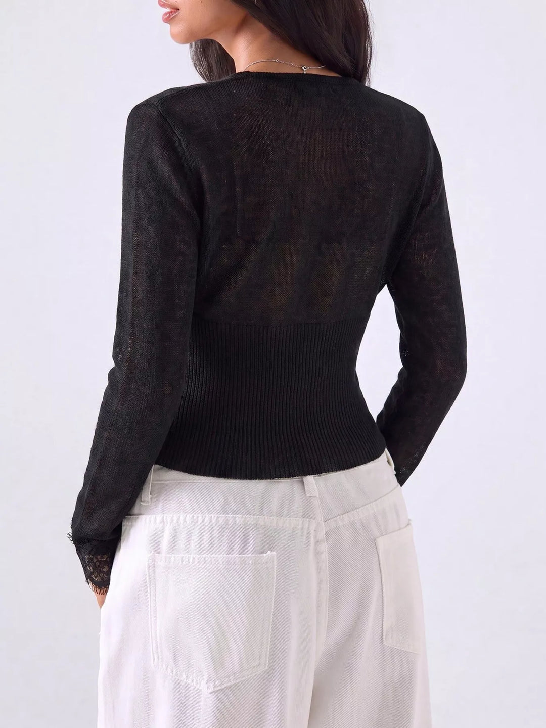 Lace-trim deep V-neck button-front cropped knit cardigan