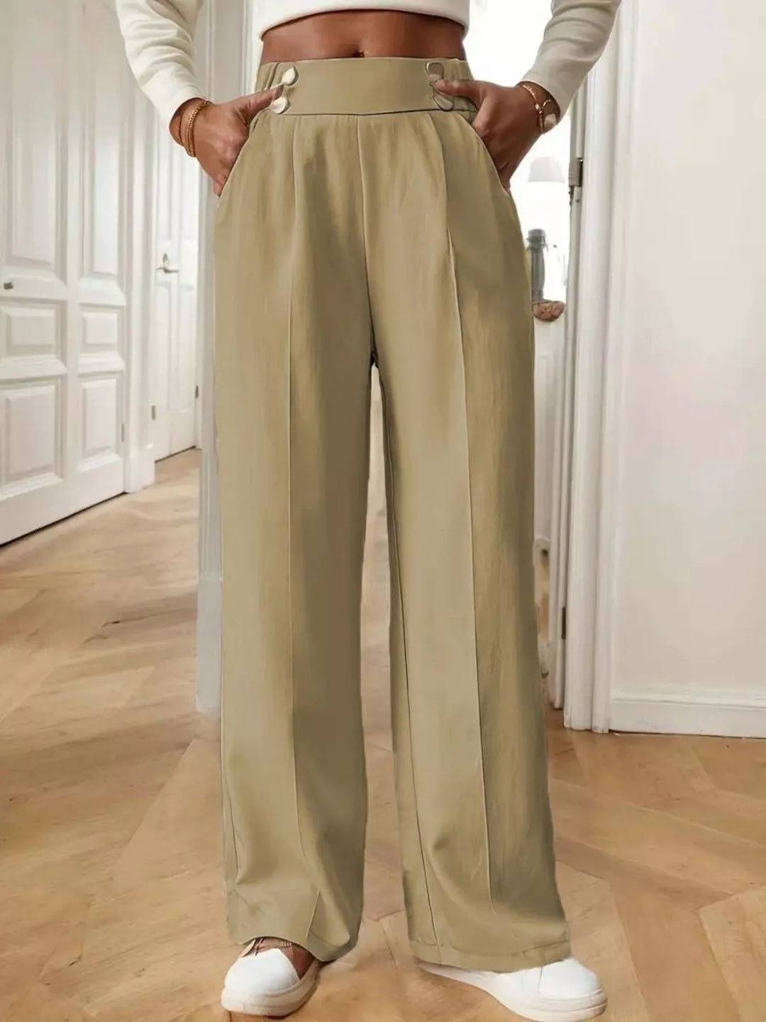 Khaki Full Size High-Waisted Wide-Leg Pants Plus Size
