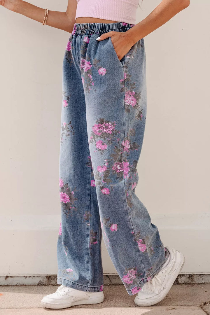 Floral print wide-leg elastic waist pull-on jeans