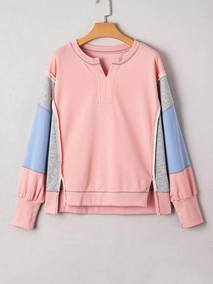 Color-block oversized sweatshirt with split notch neck