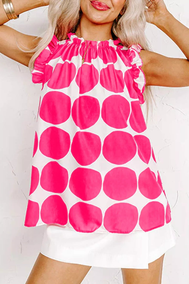 Strawberry Large polka dot ruffle-neck sleeveless shift top