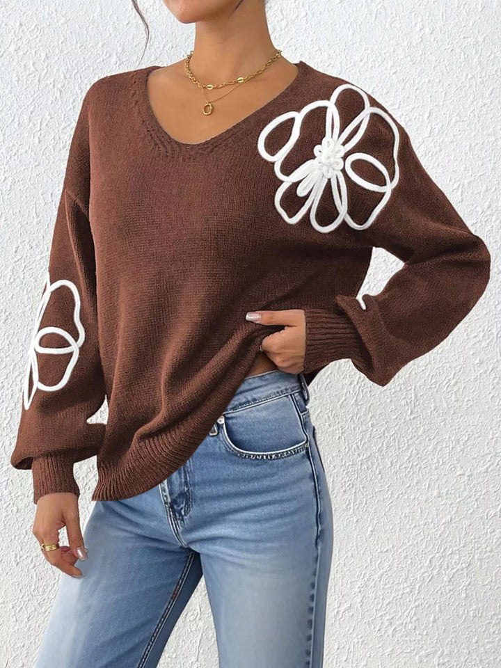 Brown Floral applique V-neck drop shoulder knit sweater