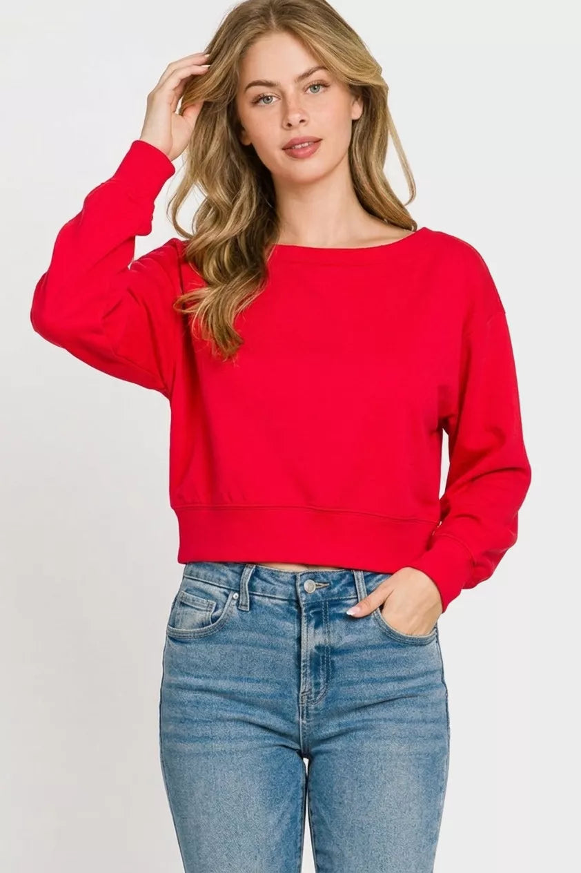 Long sleeve cropped boat neck scuba sweatshirt