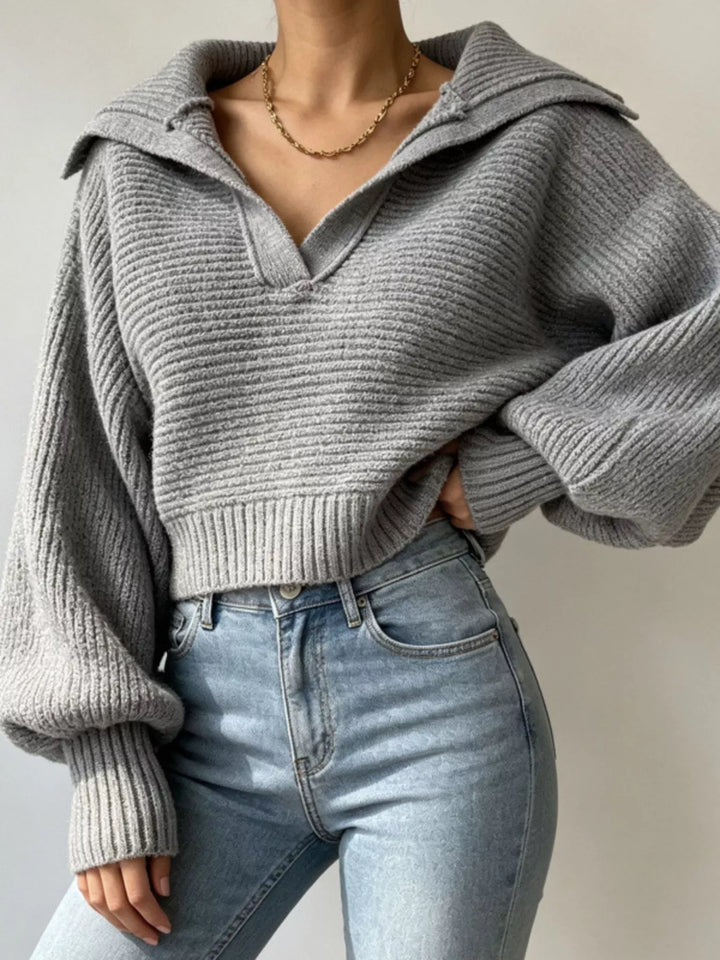 Gray Ribbed knit cropped sweater with oversized collar