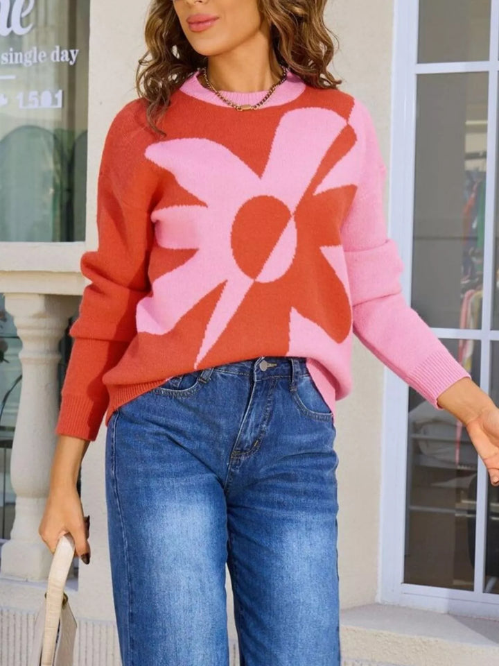 Color block floral crew neck knit sweater