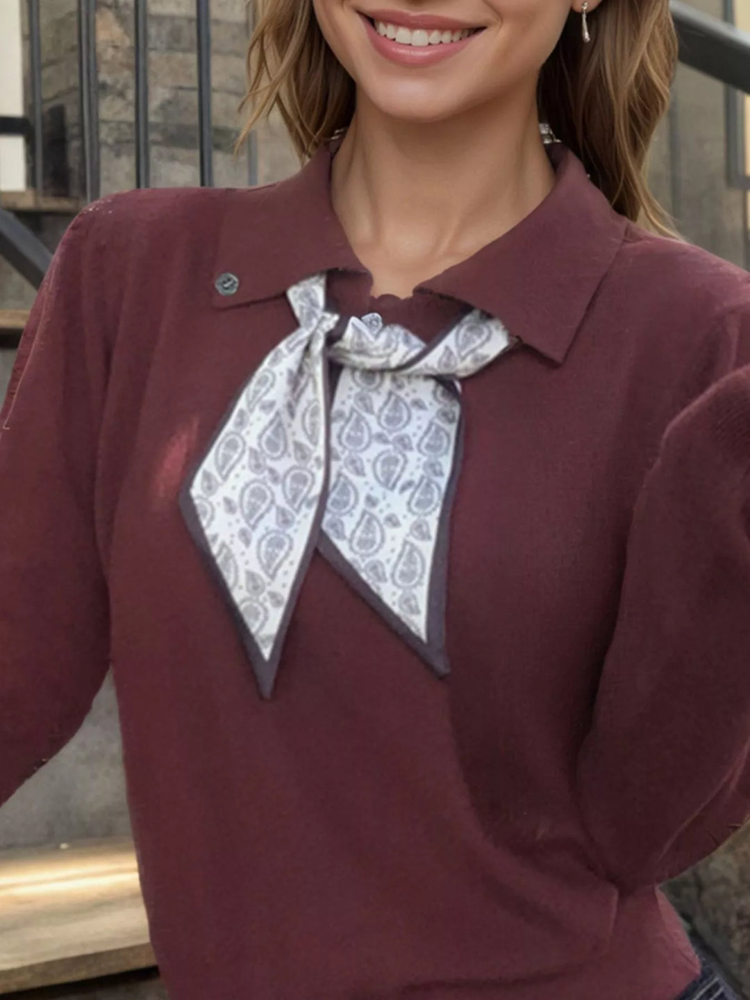 Scarf-tie collared long sleeve knit sweater