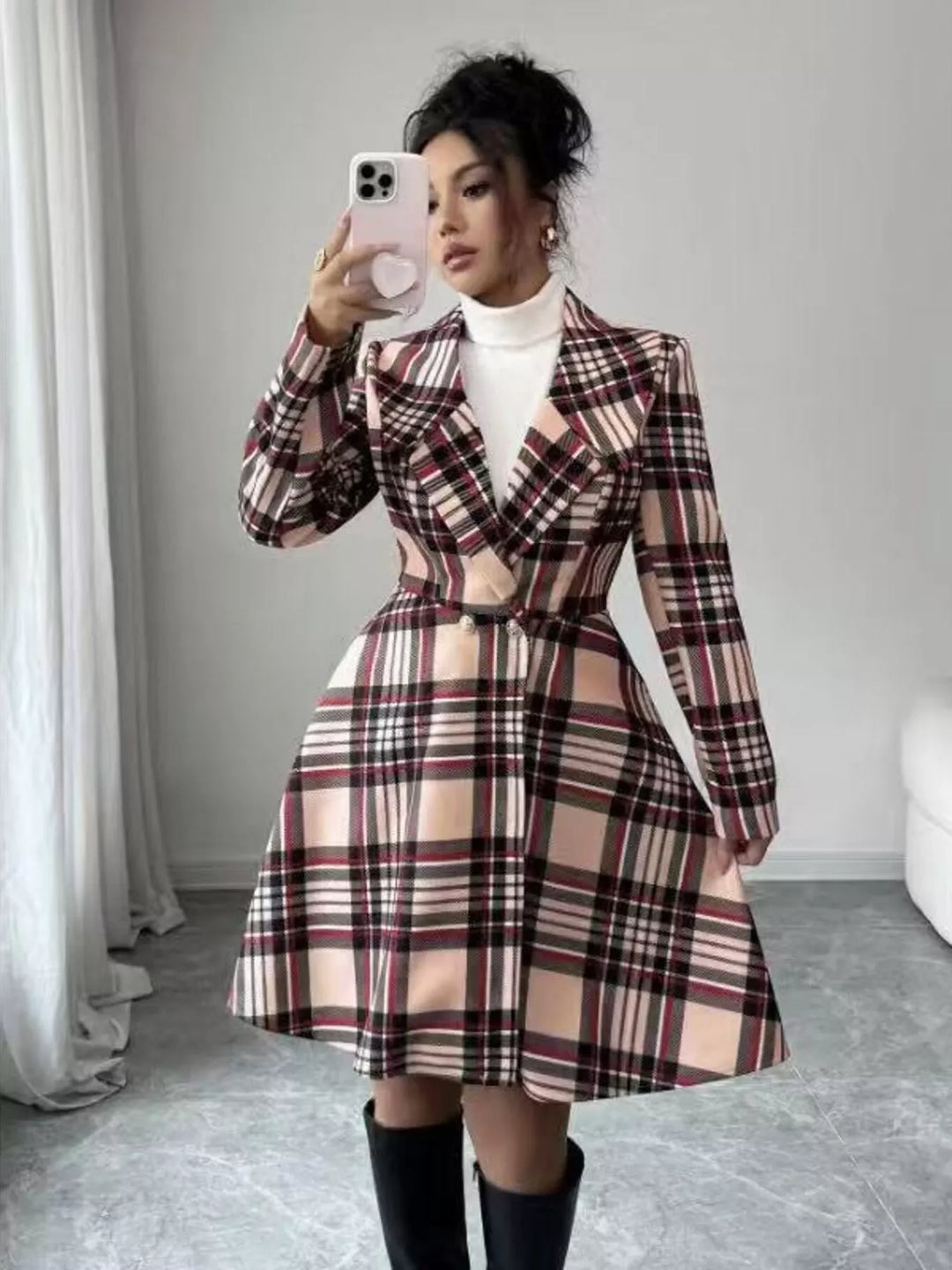 Plaid notch lapel button-front long sleeve coat