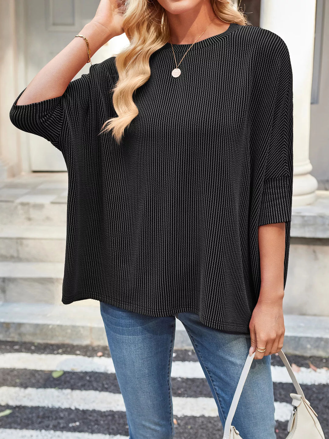 Dark Gray Ribbed knit dolman-sleeve relaxed crew neck top