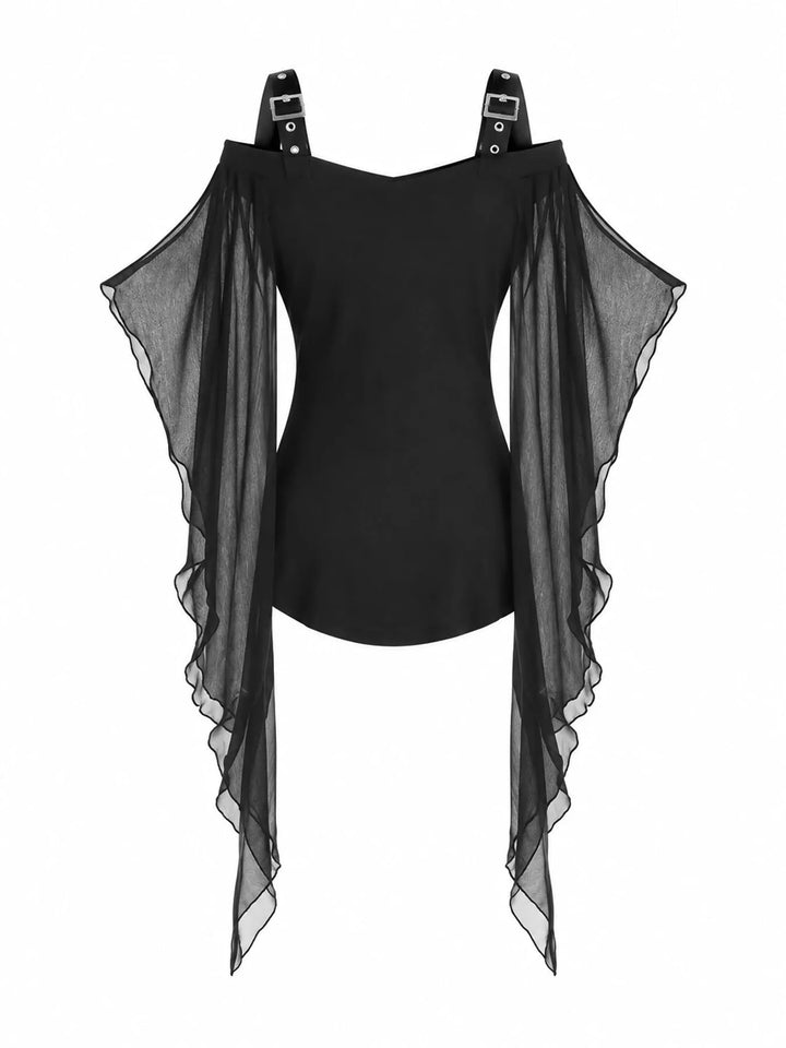 Off-shoulder buckle strap top with sheer mesh bell sleeves