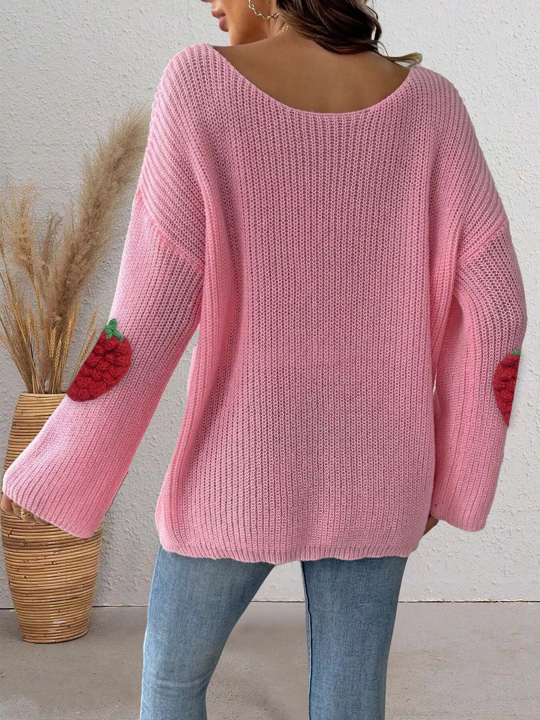 Strawberry applique ribbed knit oversized pullover sweater