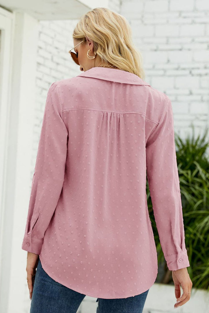 Swiss dot Johnny collar blouse with roll-tab long sleeves