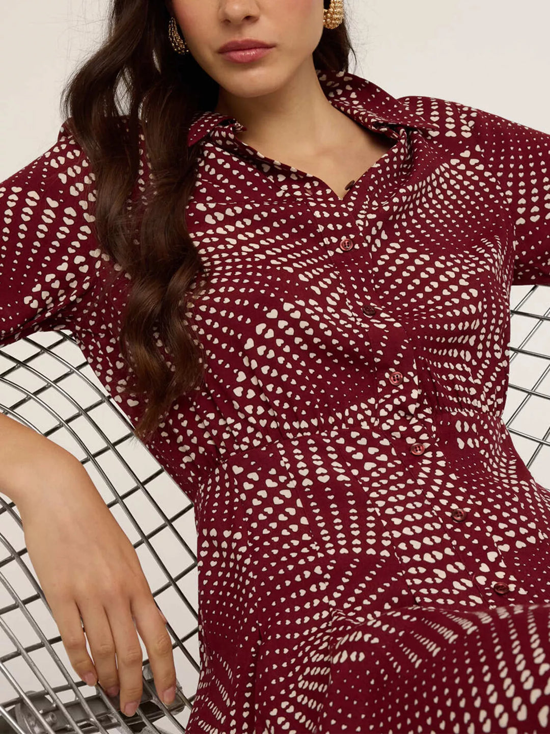 Abstract dot print long sleeve mini shirt dress