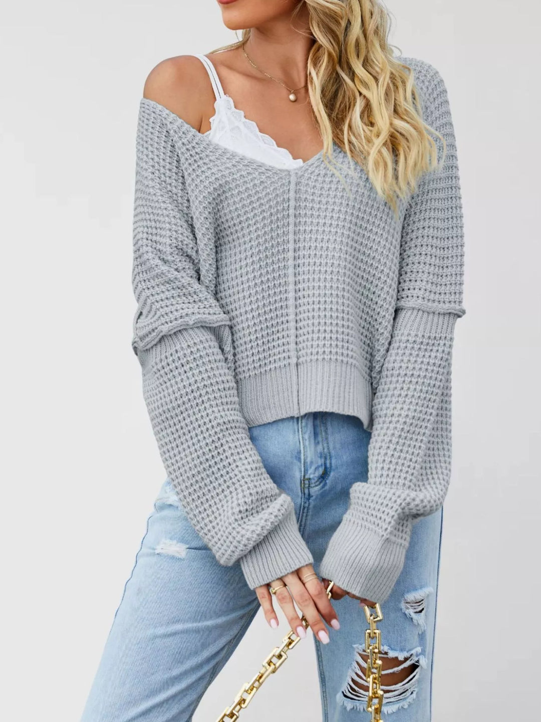 Gray Waffle knit drop shoulder sweater with ribbed cuffs