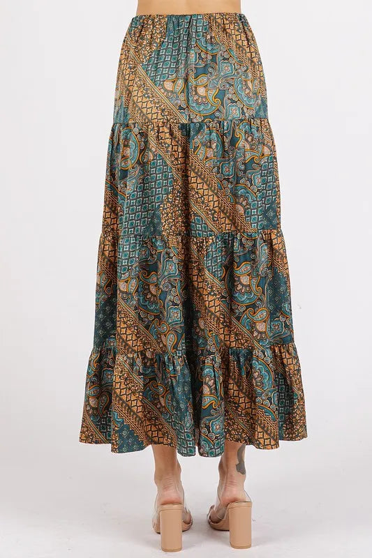 Paisley patchwork tiered satin maxi skirt