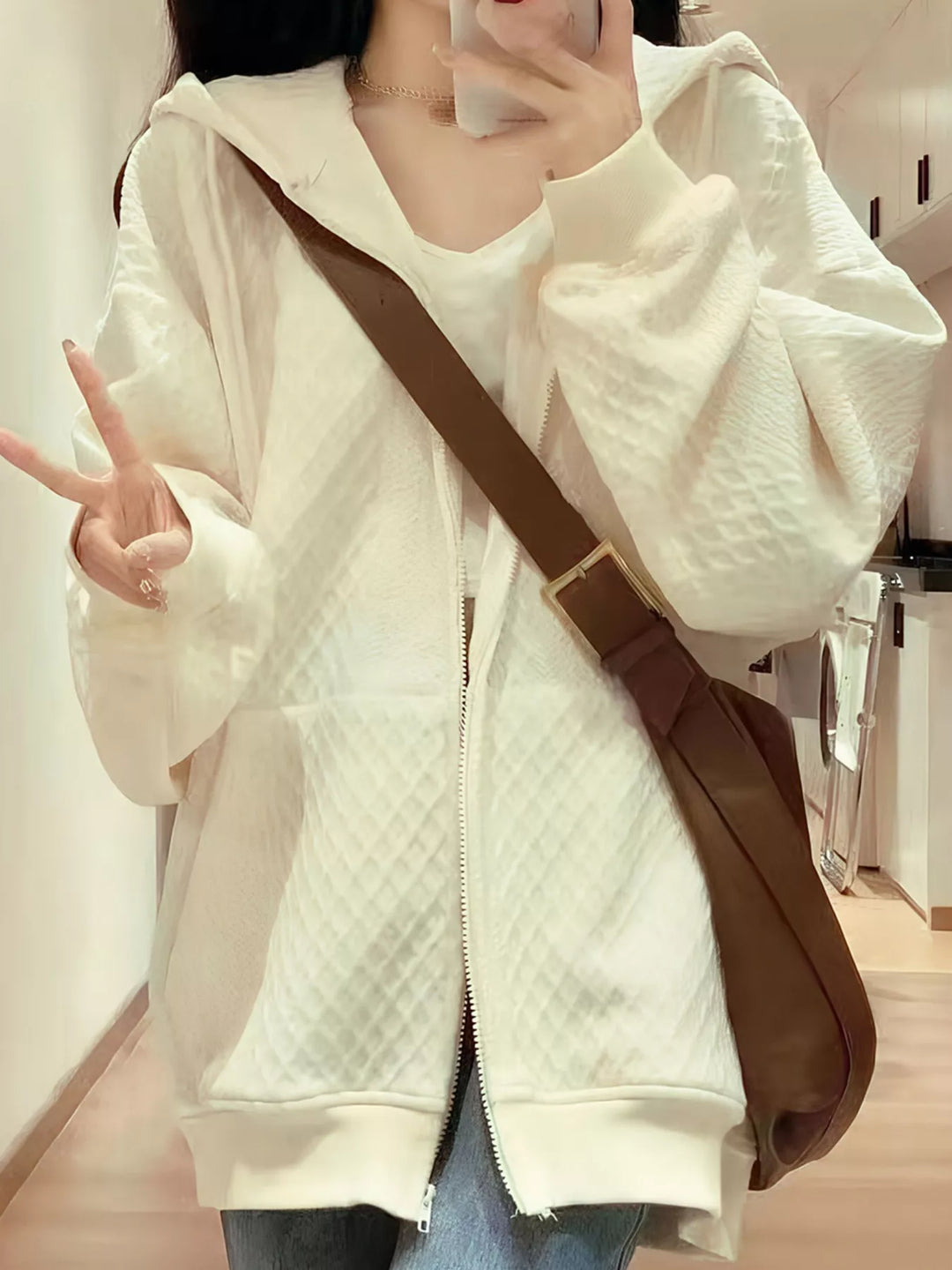 Textured diamond-knit zip-up hoodie with drawstring hood