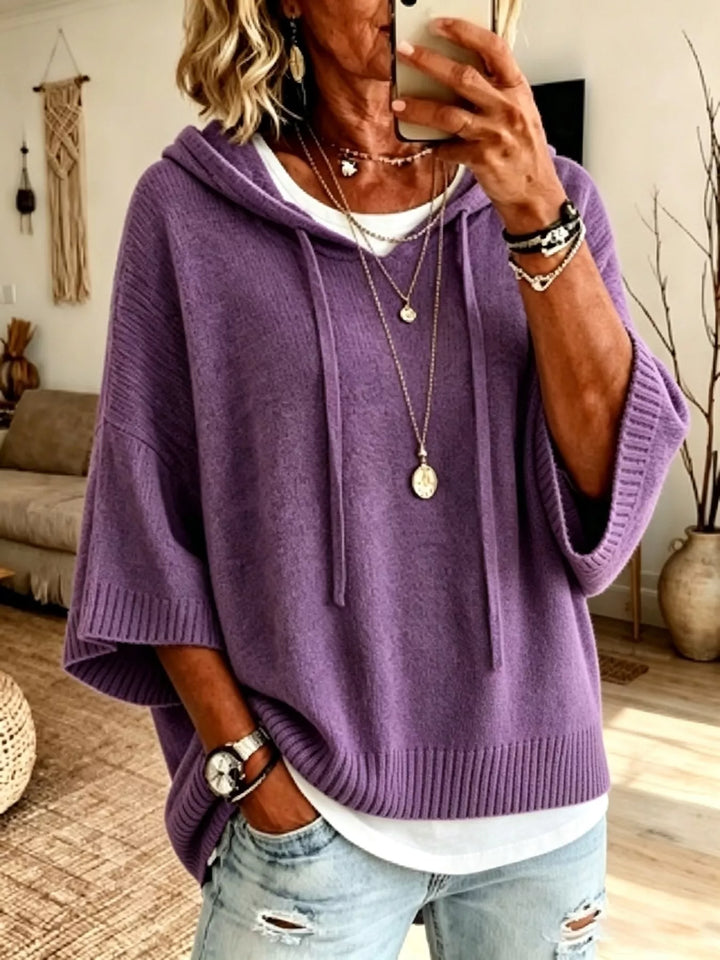 Hooded batwing sleeve knit sweater with drawstring