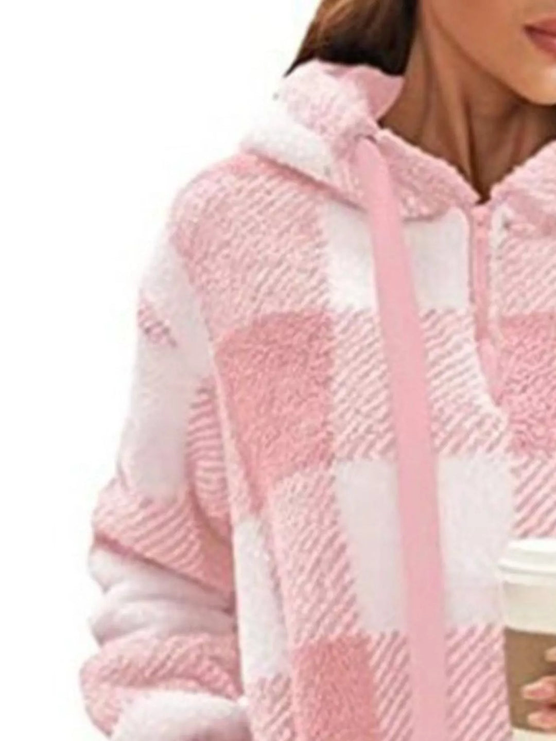 Plaid sherpa quarter-zip hoodie with front pocket