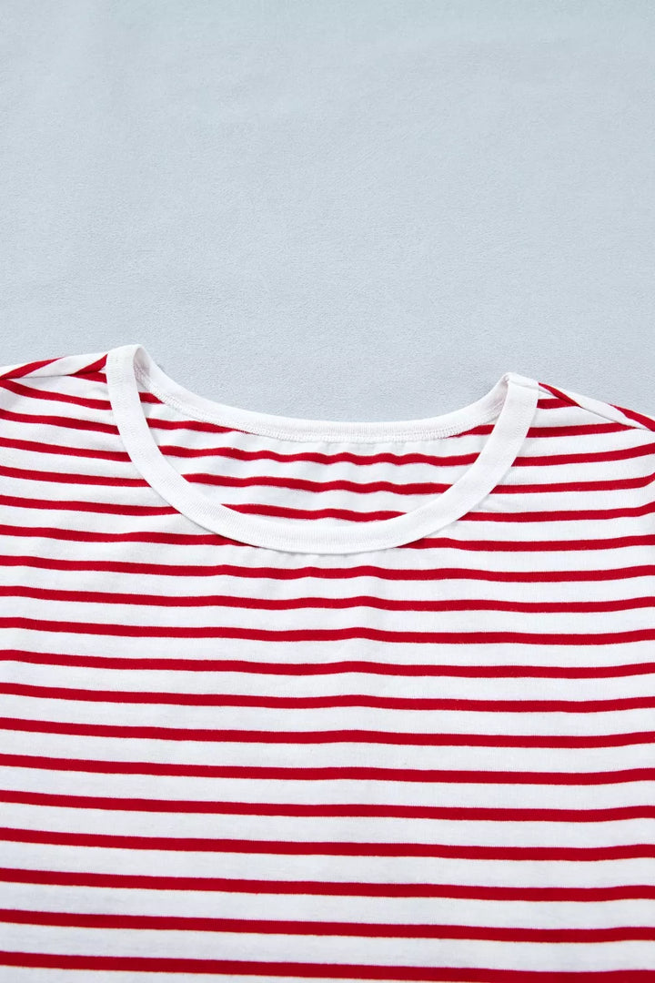 Striped contrast-trim crew neck puff sleeve tee