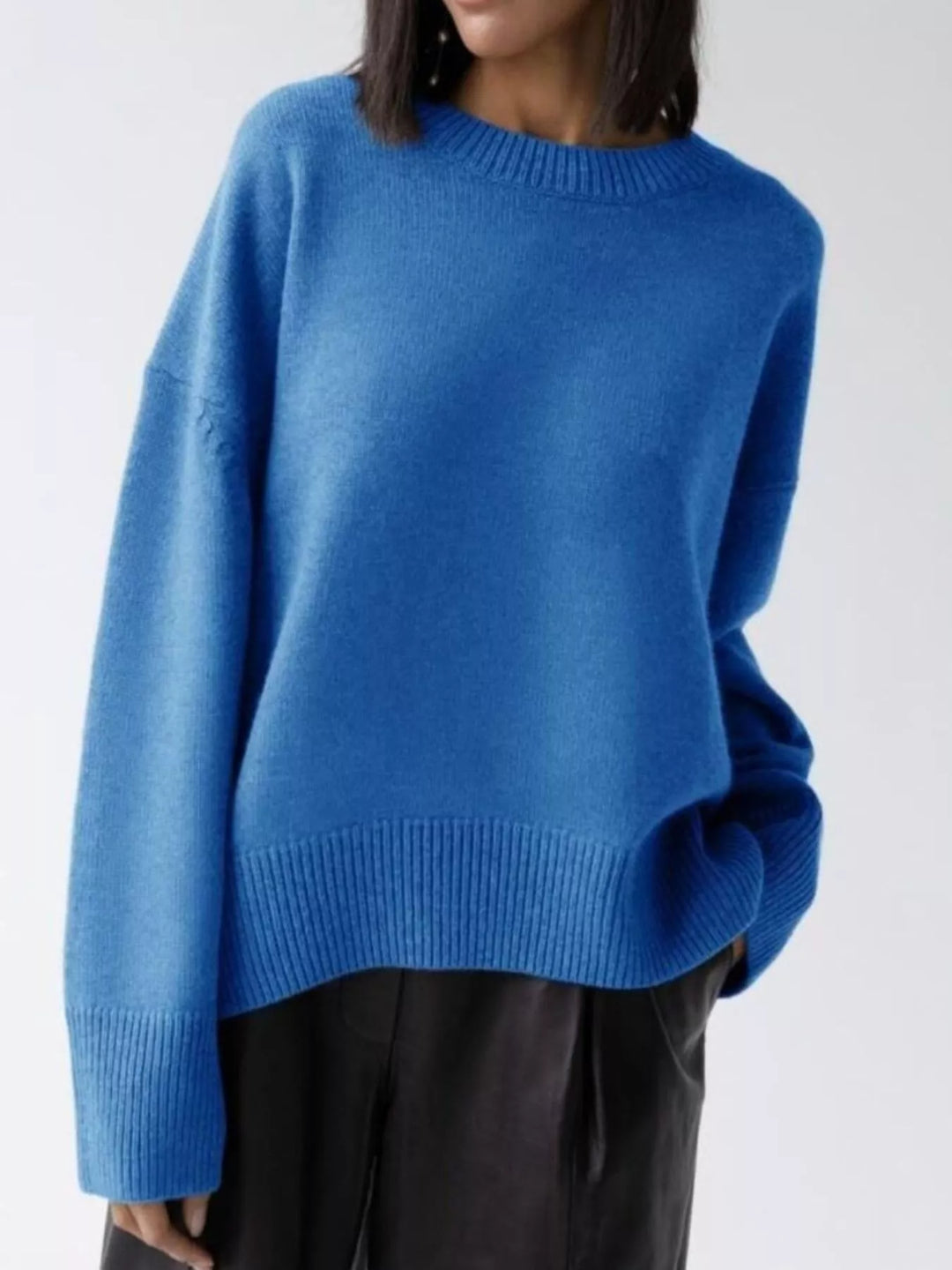 Oversized ribbed-hem drop-shoulder crewneck sweater