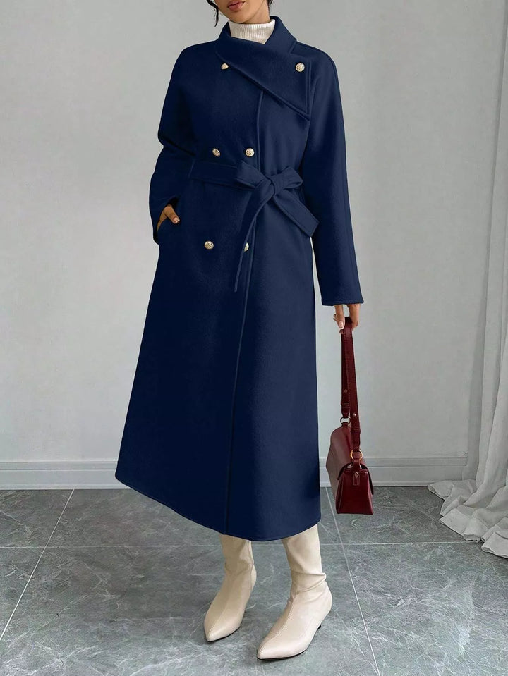 Double-breasted belted longline coat with stand collar