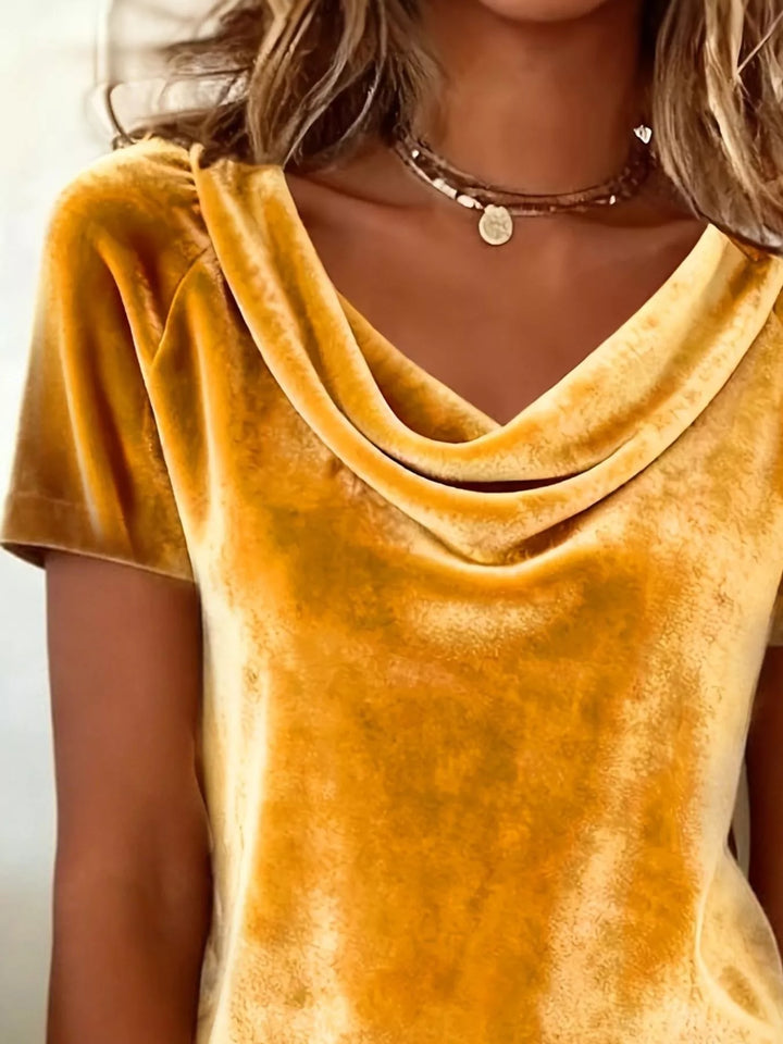 Draped cowl neck velvet top with short sleeves