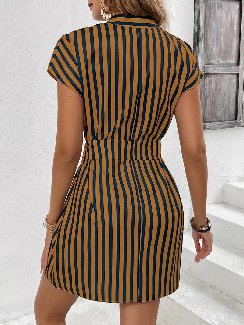 Striped tie-waist mini dress with split V-neck collar