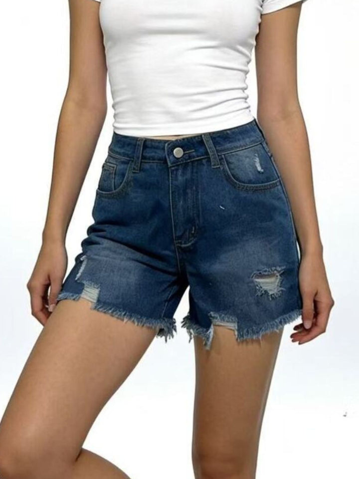 Distressed high-rise denim shorts with frayed raw hem