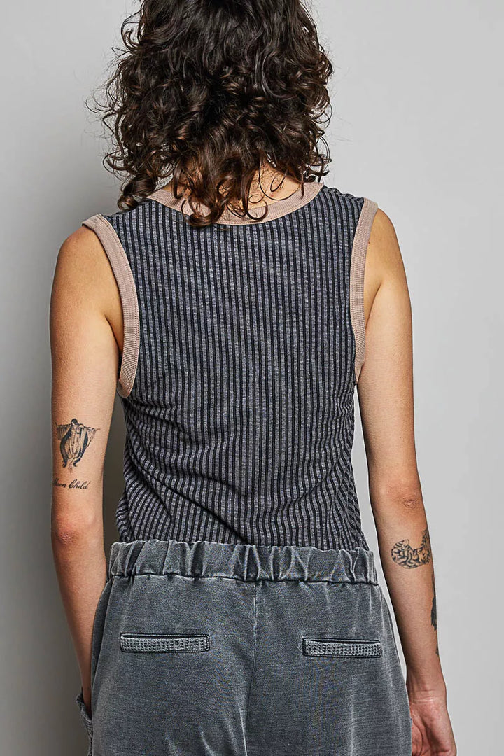 V-neck ribbed sleeveless tank with contrast trim